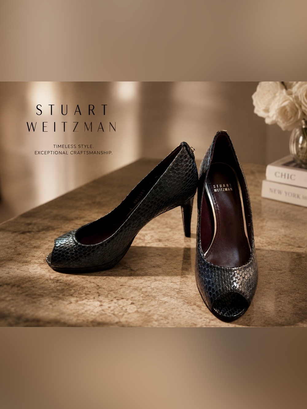 Stuart Weitzman navy blue snakeskin patent leather peep toe high heel pumps; 7 - Picture 3 of 10